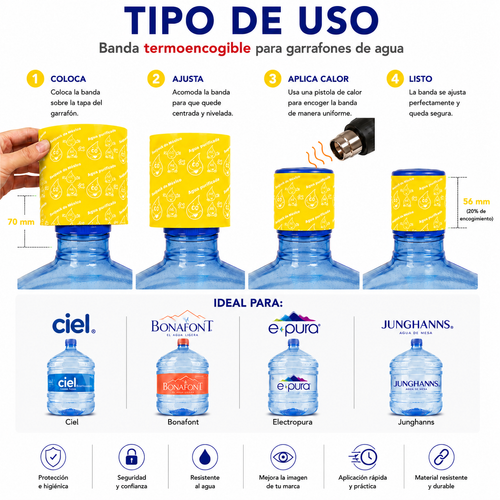 Tipo de uso sello termoencogible Amarillo en garrafón de agua