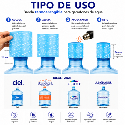 Tipo de uso sello termoencogible Azul Cielo en garrafón de agua