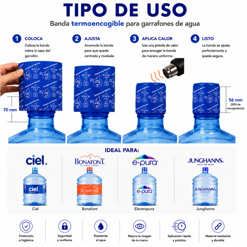 Tipo de uso sello termoencogible Azul Traslúcido en garrafón de agua