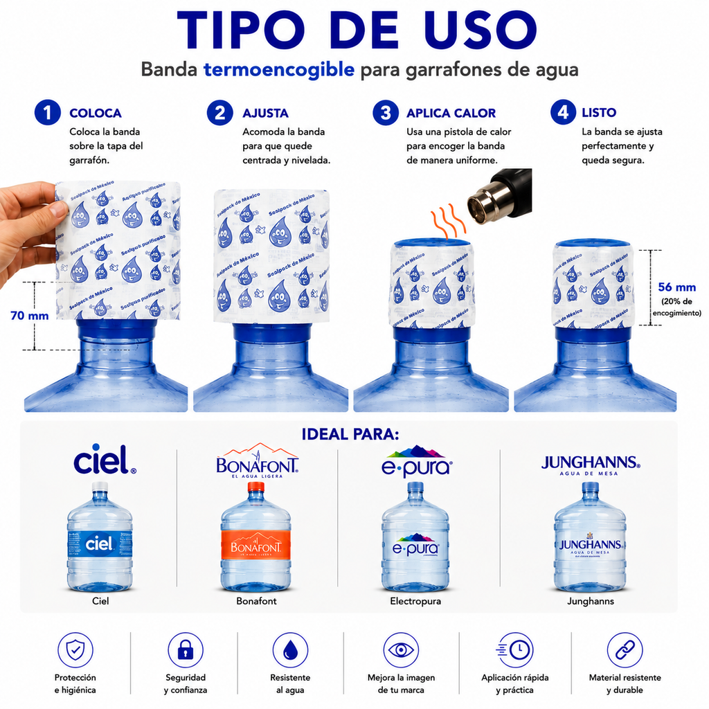 Tipo de uso sello termoencogible Blanco en garrafón de agua