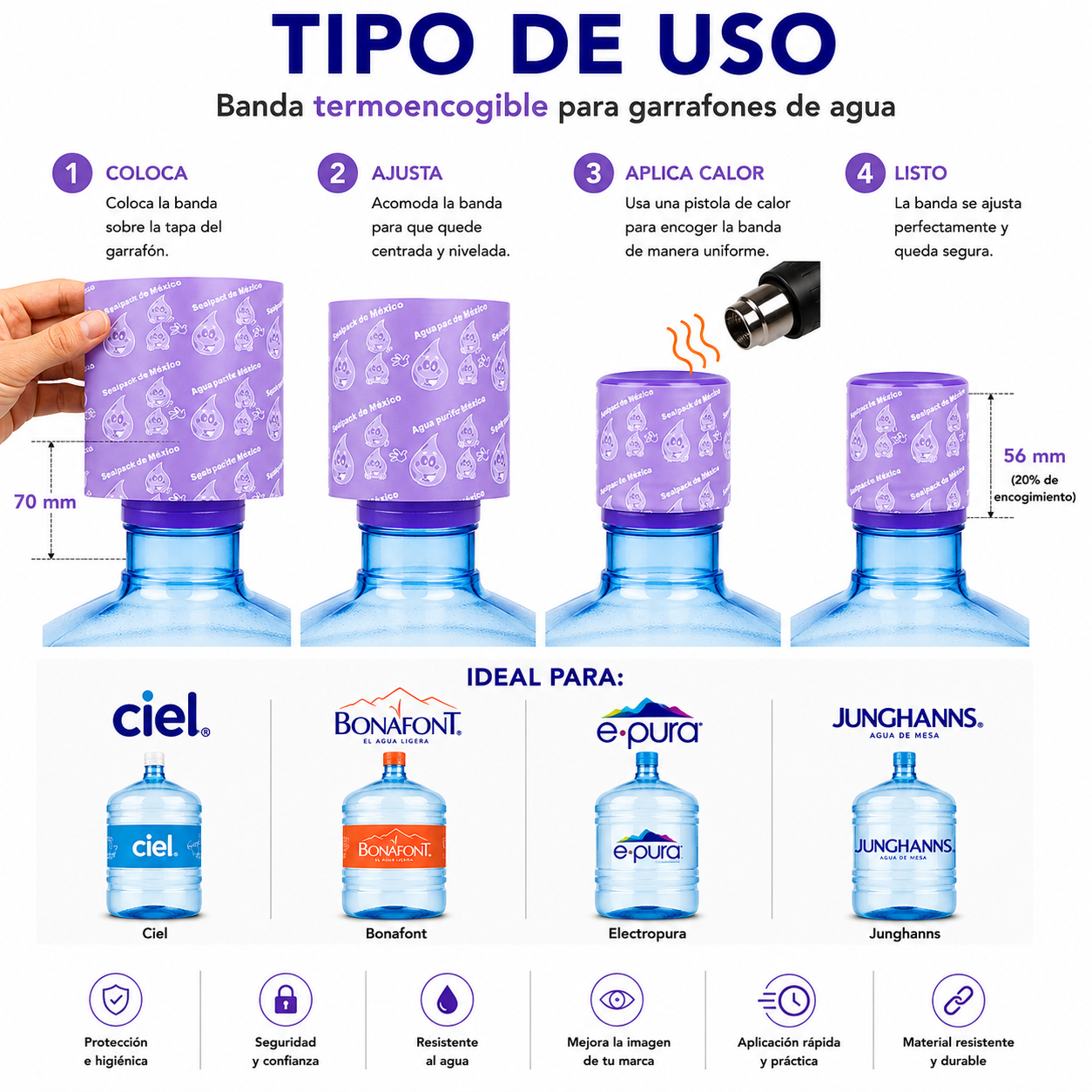 Tipo de uso sello termoencogible Lila en garrafón de agua