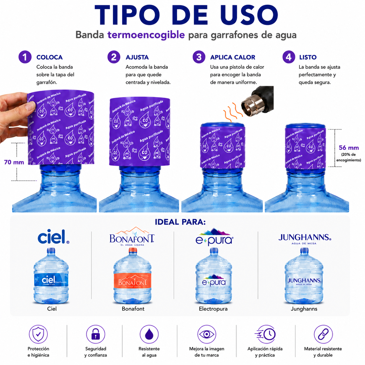 Tipo de uso sello termoencogible Morado Mate en garrafón de agua