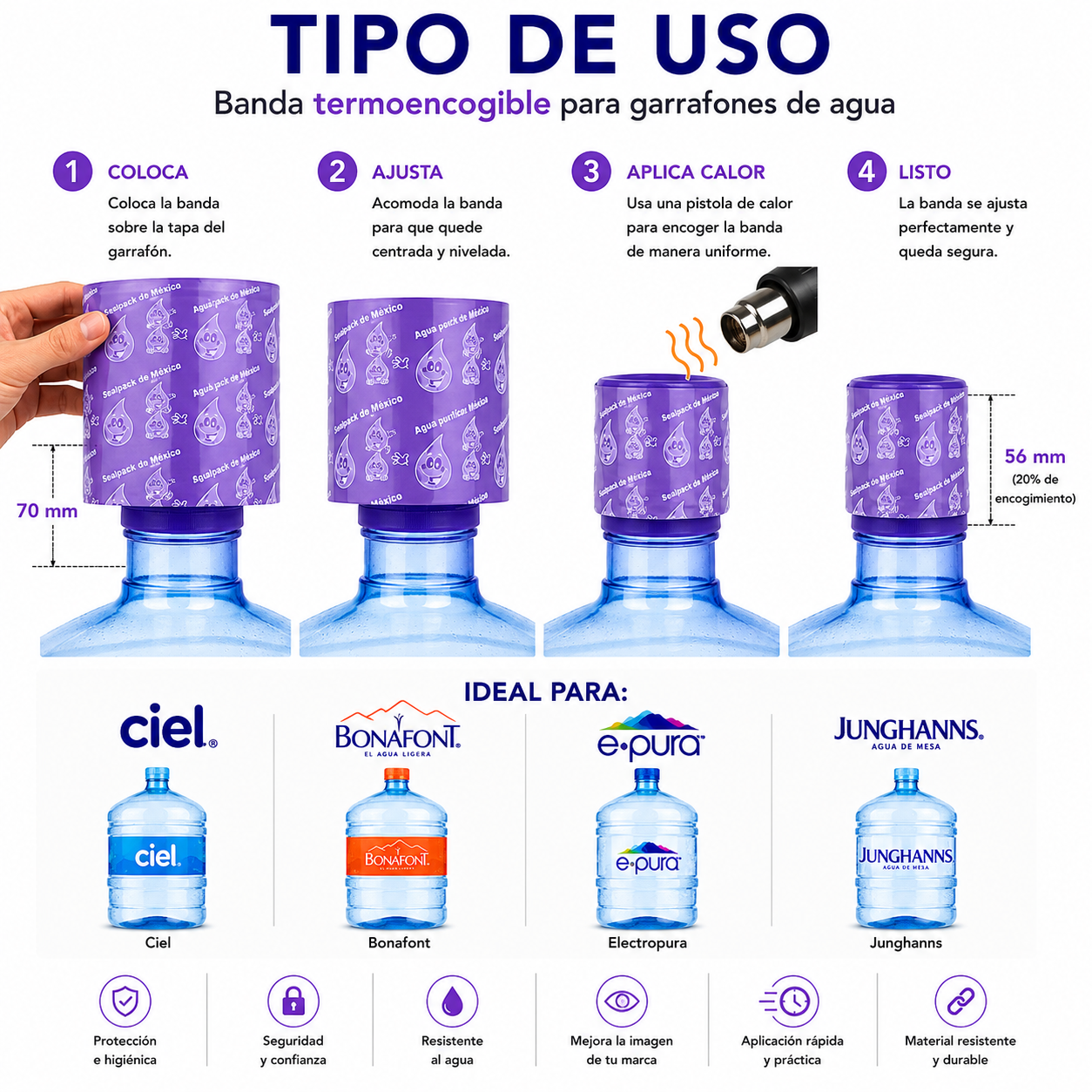Tipo de uso sello termoencogible Morado Traslúcido en garrafón de agua