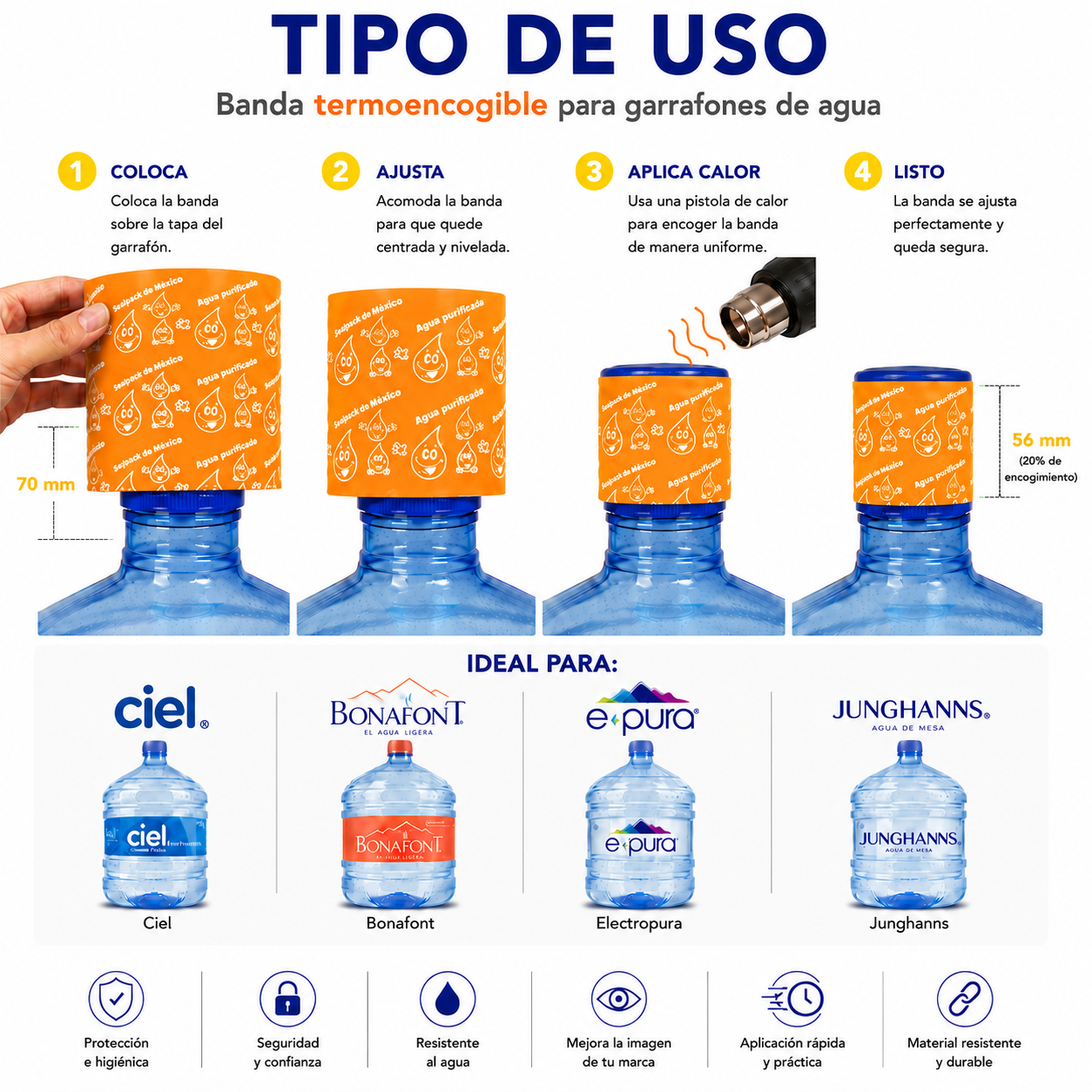 Tipo de uso sello termoencogible Naranja en garrafón de agua
