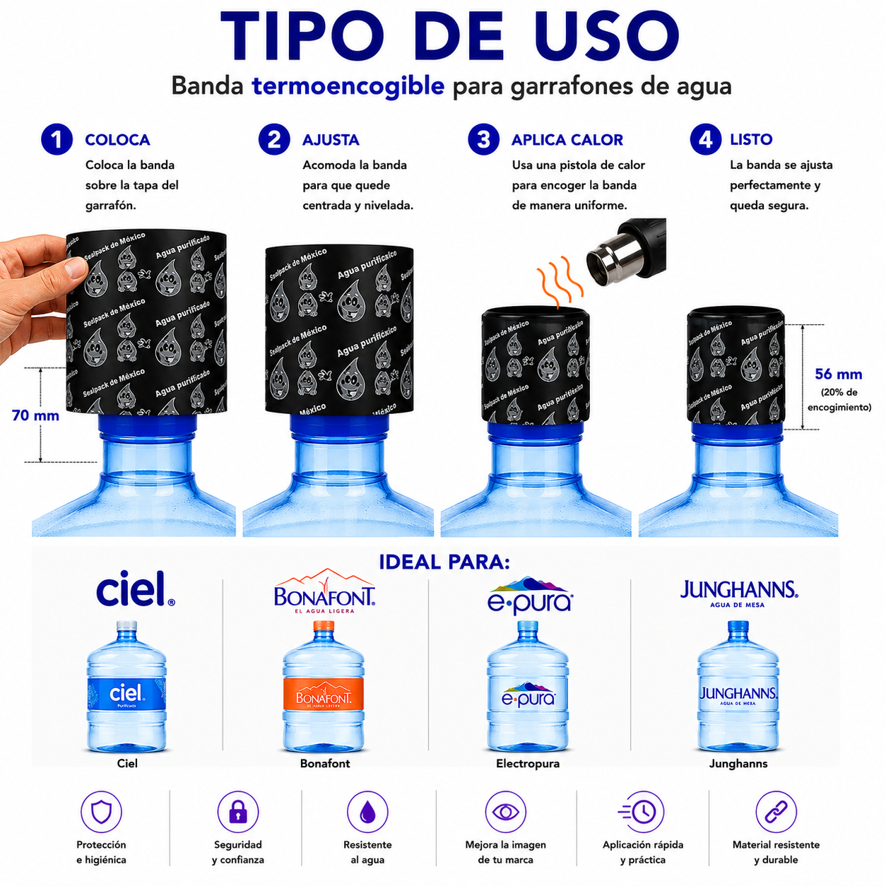 Tipo de uso sello termoencogible Negro en garrafón de agua