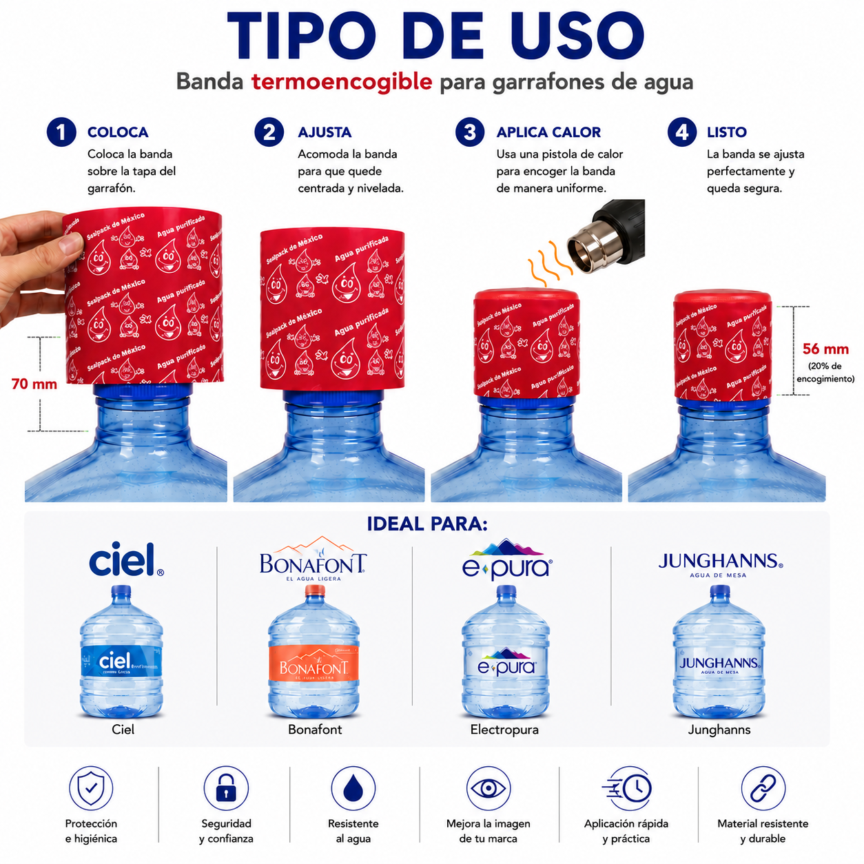 Tipo de uso sello termoencogible Rojo Mate en garrafón de agua