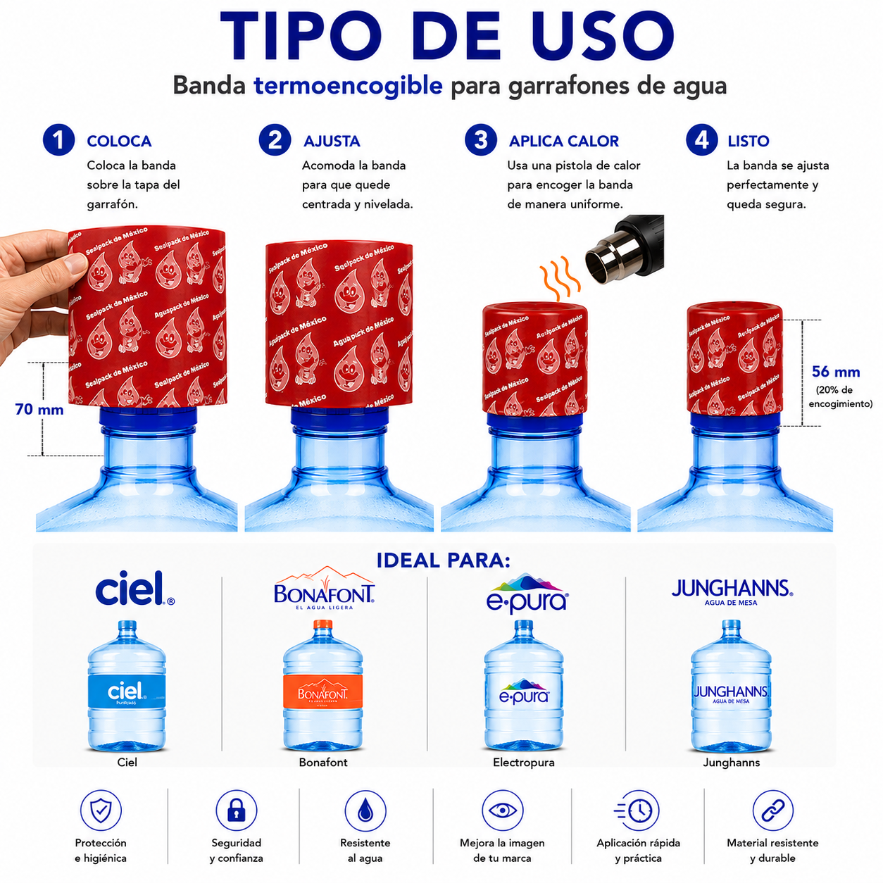 Tipo de uso sello termoencogible Rojo Traslúcido en garrafón de agua