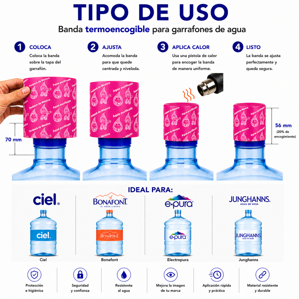Tipo de uso sello termoencogible Rosa Bugambilia en garrafón de agua