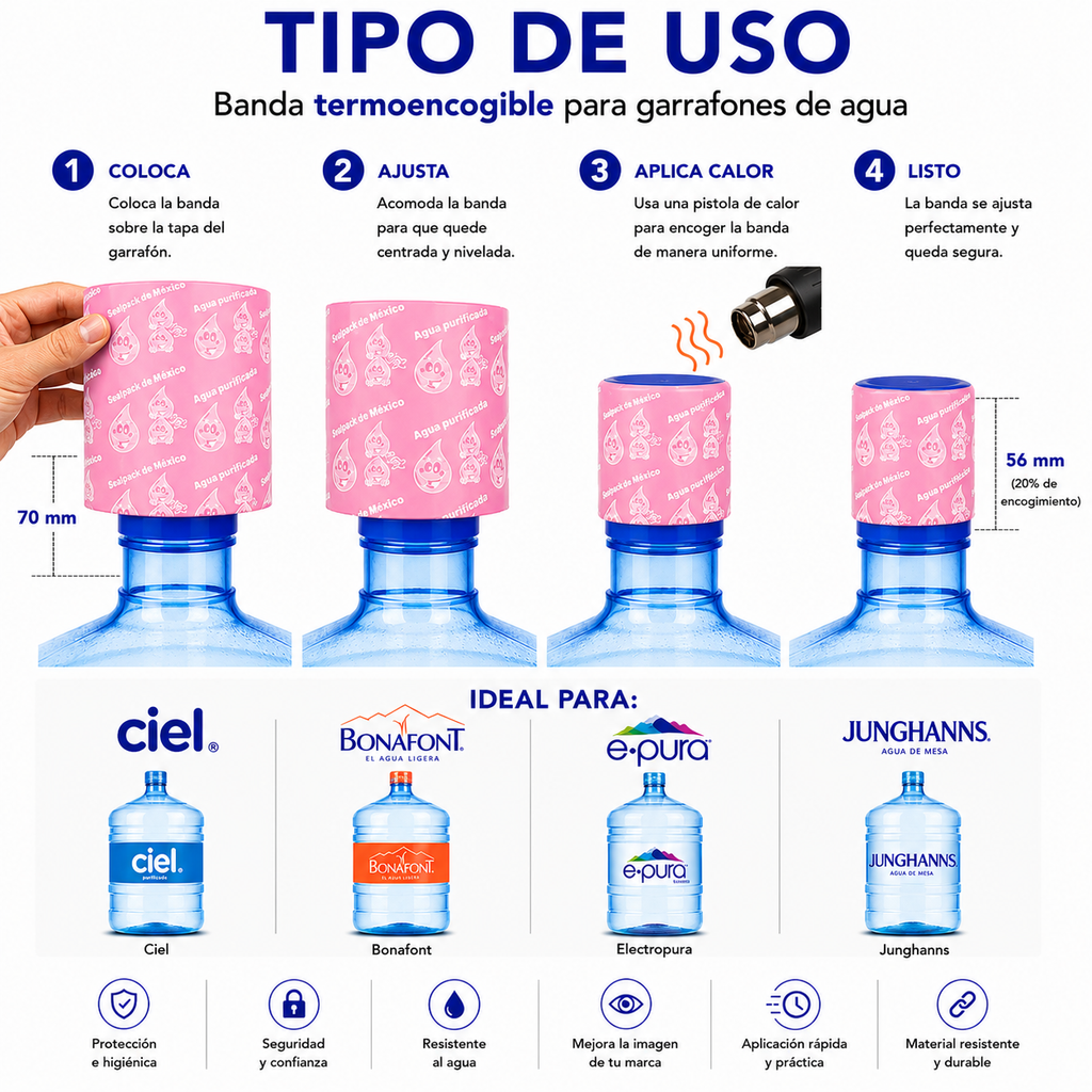 Tipo de uso sello termoencogible Rosa Pastel en garrafón de agua