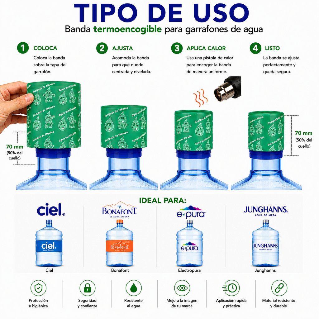 Tipo de uso sello termoencogible Verde Traslúcido en garrafón de agua